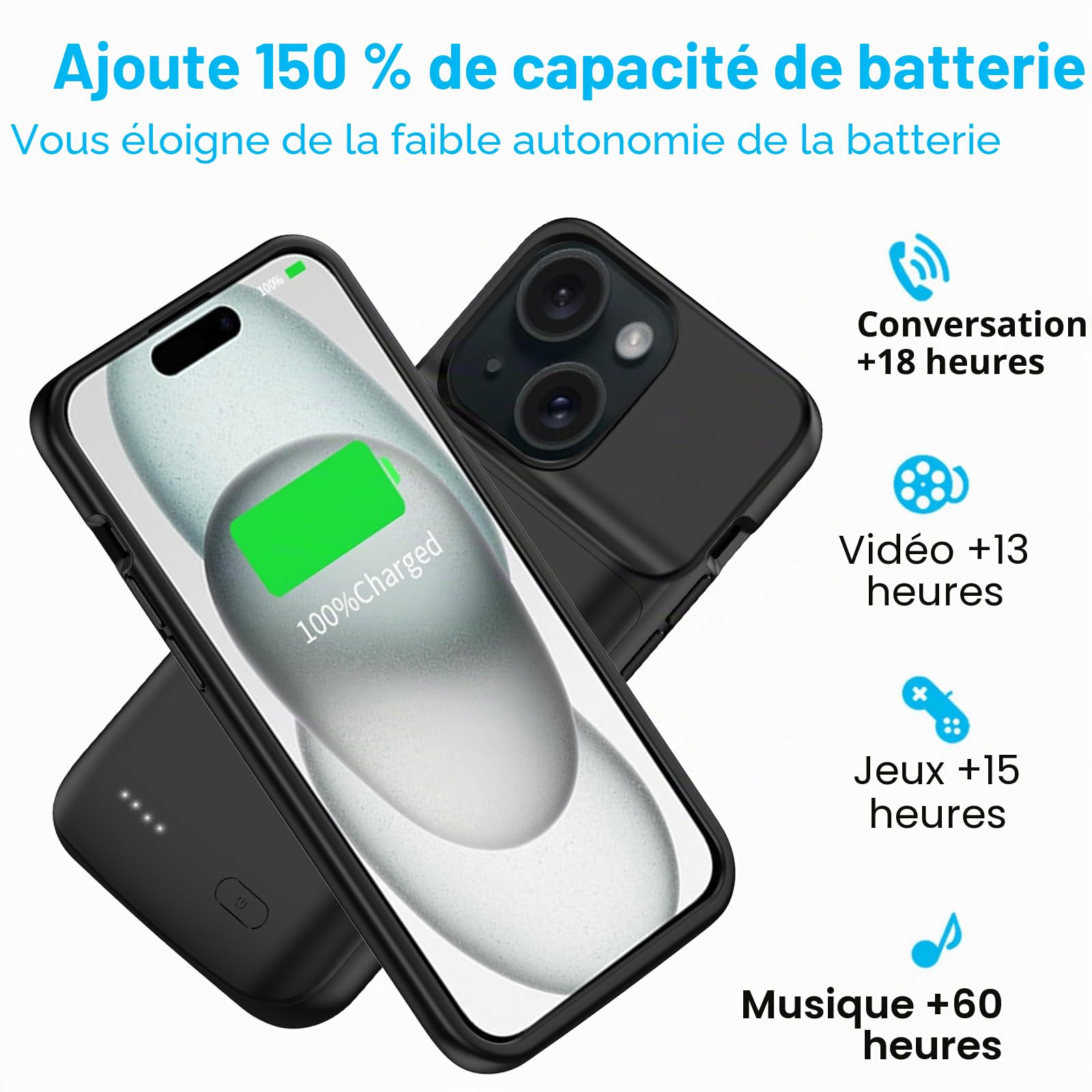 Coque de batterie pour iPhone 15, 7000 mAh, ultra fine, portable, coque de charge intelligente, compatible avec iPhone 15 (6,1"), chargeur de batterie étendu, noir