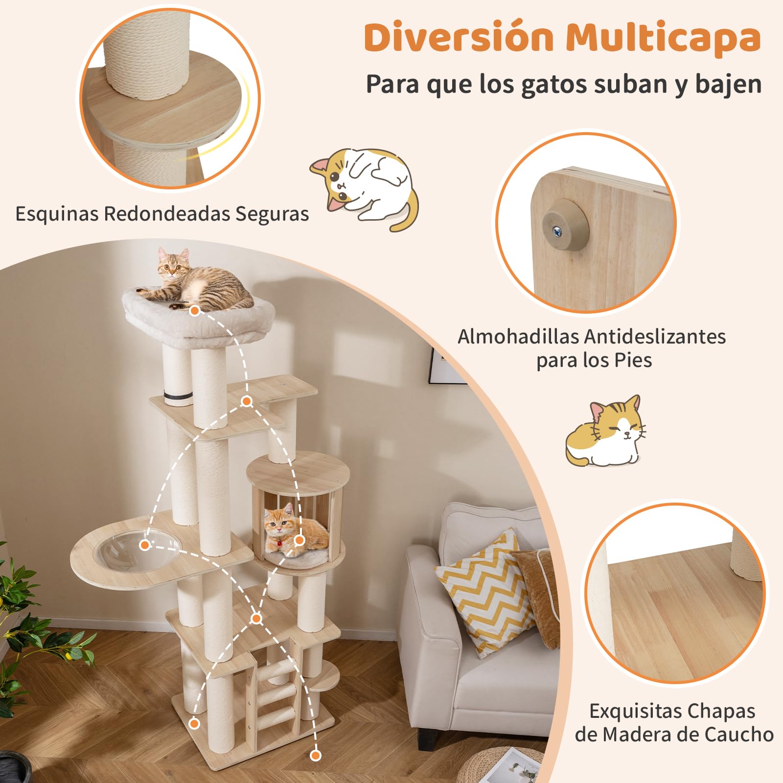 COSTWAY 185 CM Árbol Rascador para Gatos de Madera, Torre Rascador Multinivel para Gatitos Sólida con Condominio, Percha, Postes Rascadores, Escalera, Castillo Gatos de Múltiples Niveles, Natural