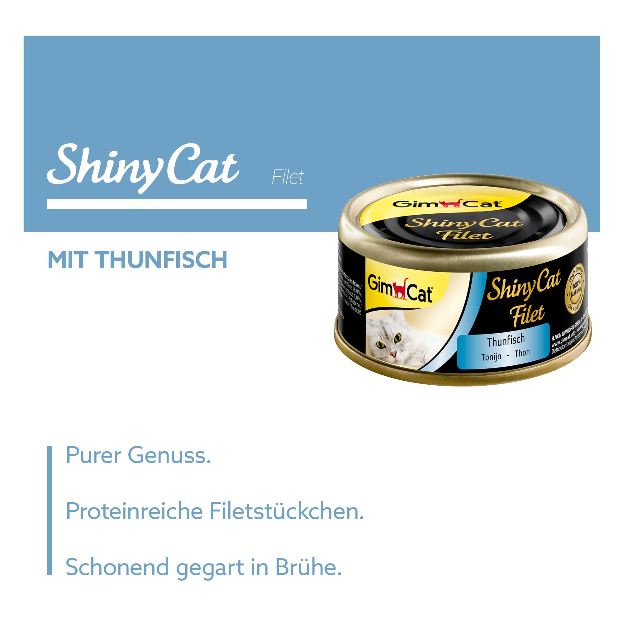 GimCat ShinyCat Filet Thunfisch - Katzenfutter mit saftigem Filet ohne Zuckerzusatz für ausgewachsene Katzen - 48 Dosen (48 x 70 g)