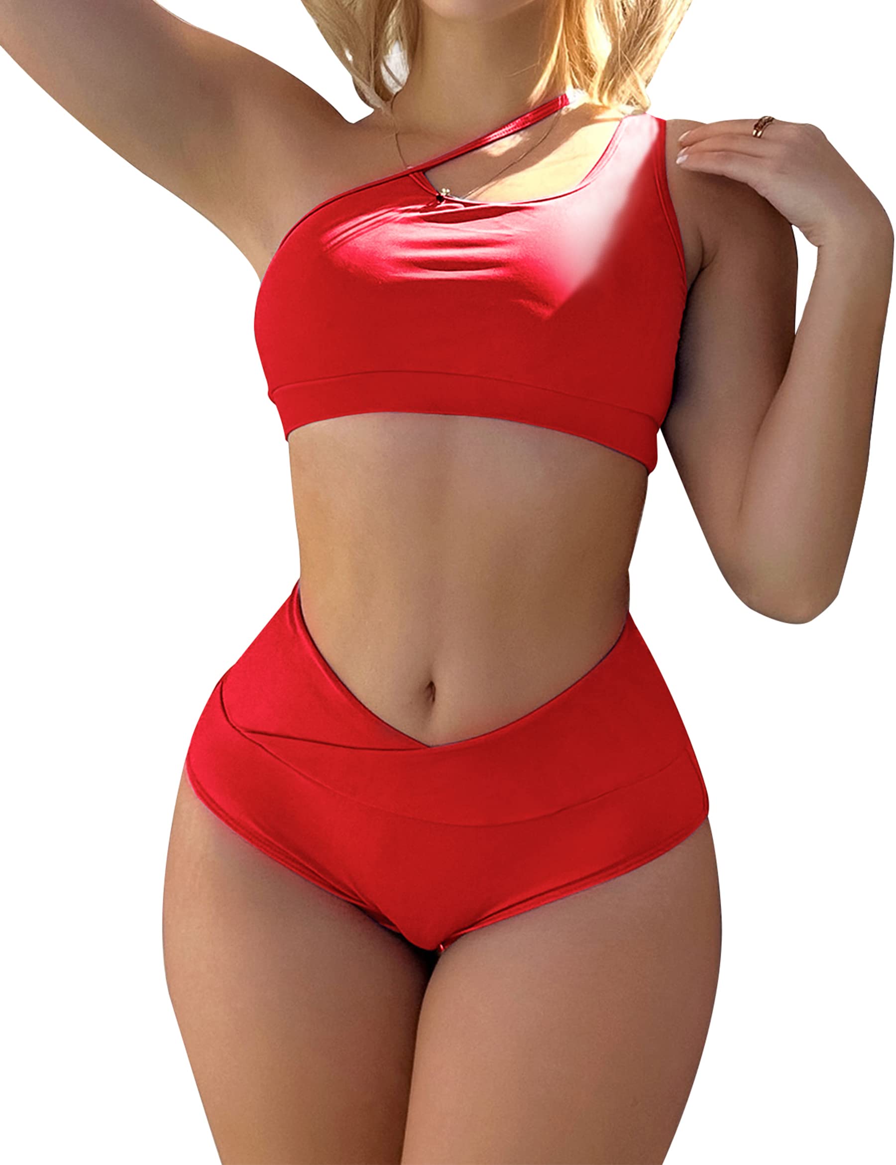 Stosts Womens High Waisted One Shoulder Bikini Sets High Cut Two Piece Swimsuit Wide Straps Sports Bathing Suit
