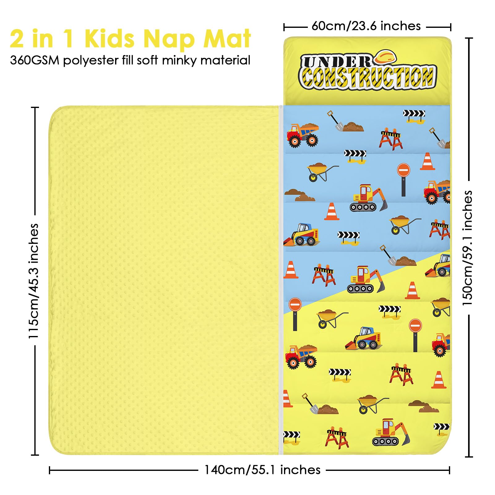Tapis de Sieste pour Enfants avec Oreiller et Couverture Amovibles Sac de Couchage 2 en 1 Très Épais pour Garçons et Filles, Couverture de Sieste pour Crèche Voyage Camping (Véhicule de Construction)