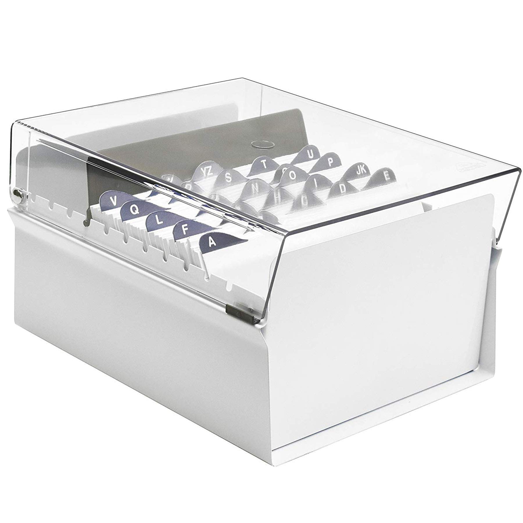 Acrimet Portacarte Organizzatore 5'' x 8’', Base in Metallo Resistente (Indice AZ e un Divisore di Plastica Include) (Base Bianco con Coperchio Trasparente in Plastica)