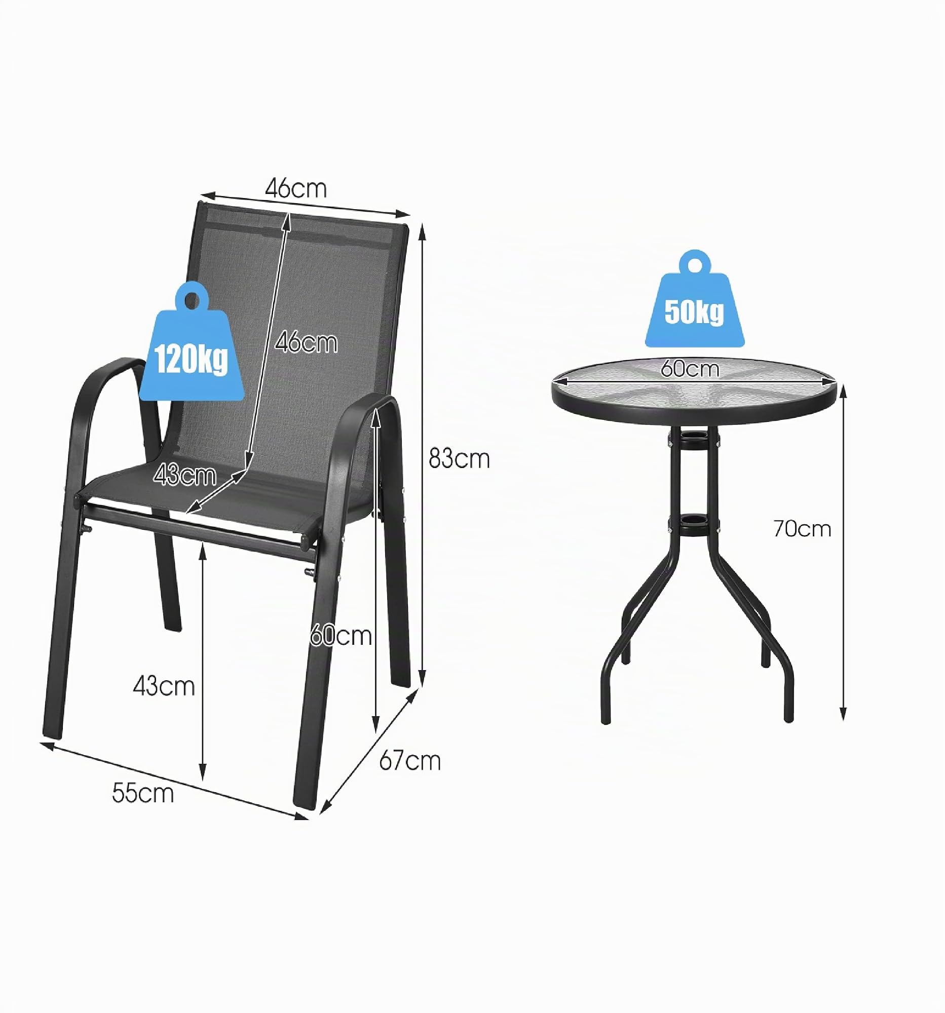 GYMAX Set Bistro da Esterno 3 Pezzi, 2 Poltrone e 1 Tavolino in Vetro Temprato, Telaio in Acciaio, per Giardino, Cortile, Balcone, Grigio