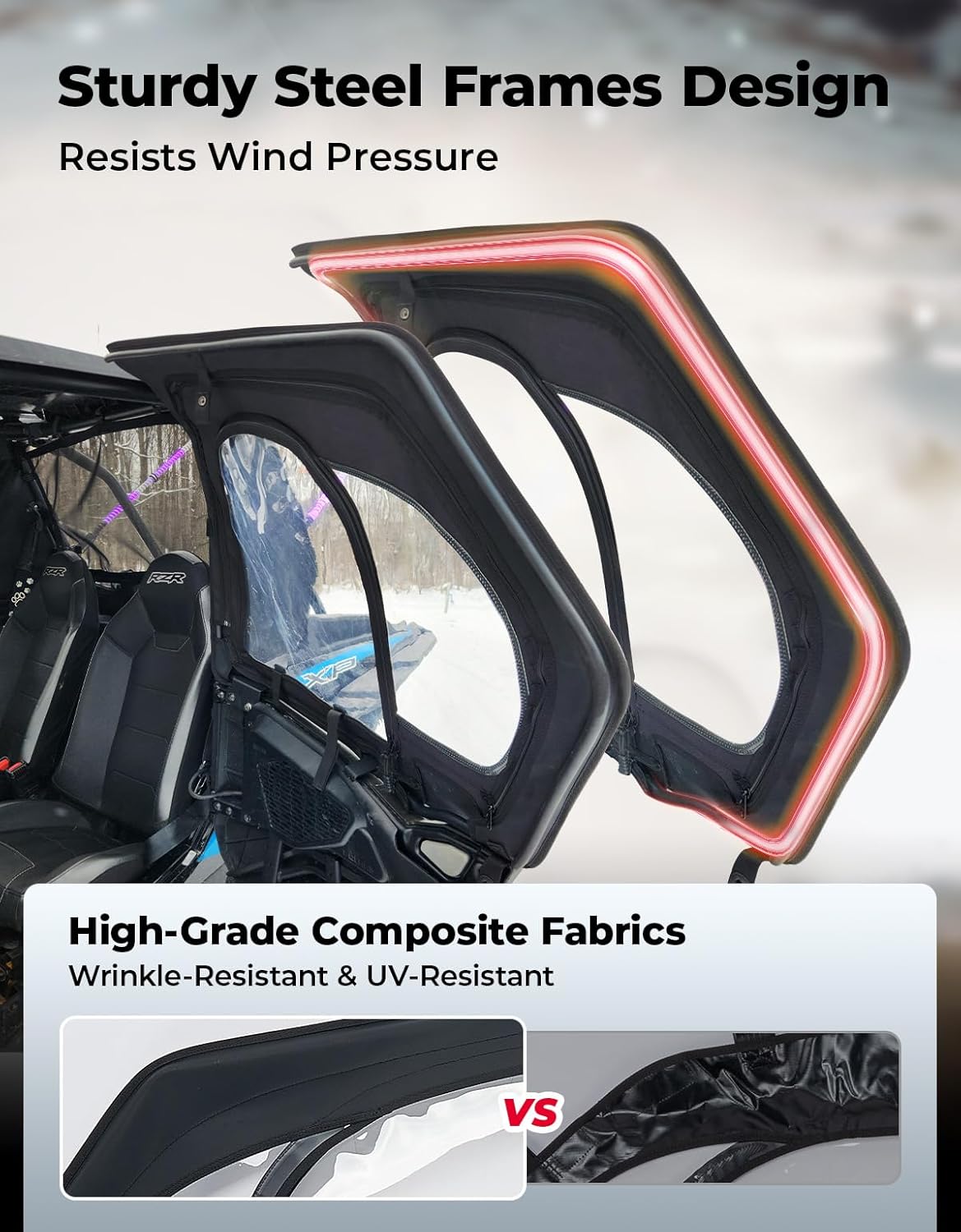 KEMIMOTO Upper Doors with Steel Frame Compatible with Polaris RZR XP 1000 / XP Turbo 2016-2023, Waterproof Tear-Resistant Embossed PVC Oxford fabric Cab Enclosure Upper window - 2 Seater