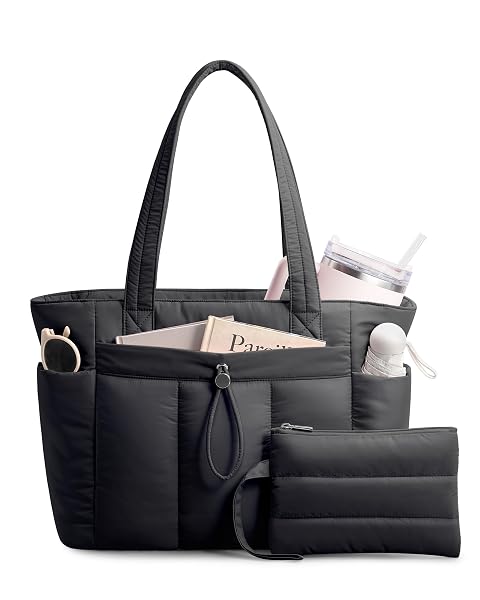 TOPDesign Puffy Tote Bag for Women with Cup Holder Laptop Compartment Cosmetic Bag Trolley Sleeve for Work Travel
