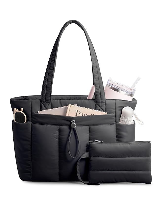 TOPDesign Puffy Tote Bag for Women with Cup Holder Laptop Compartment Cosmetic Bag Trolley Sleeve for Work Travel
