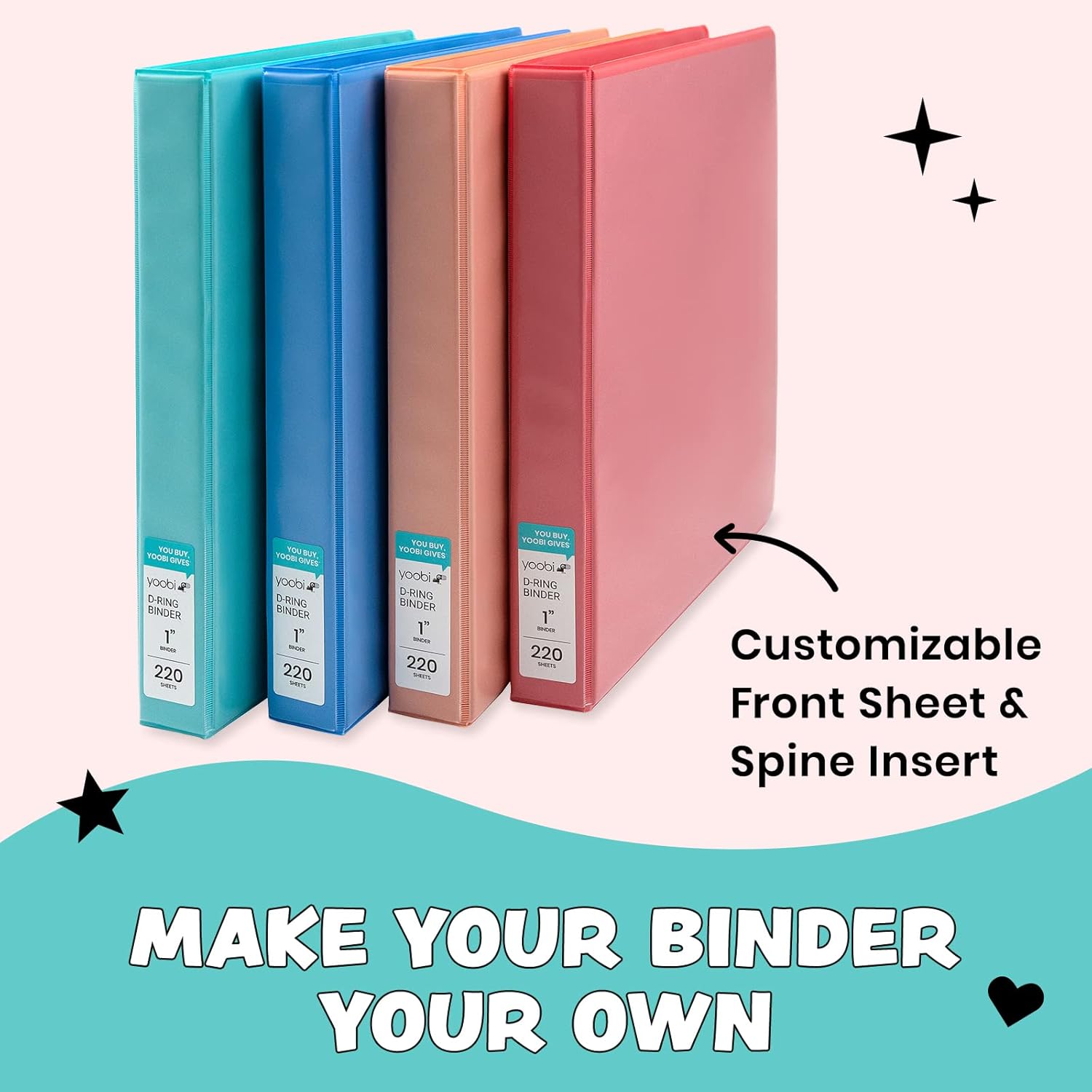 Yoobi 1 Inch Binder Set – 3-Ring Binders with 2 Pockets – Perfect for School or Office – Holds up to 220 Sheets – 4 Pack – Solid Multicolor Variety : Office Products