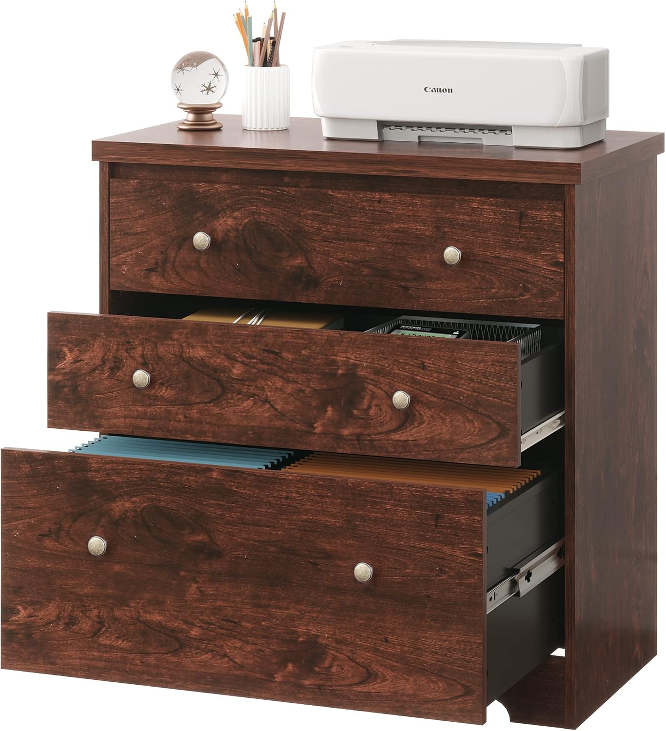 DEVAISE Lateral File Cabinet, 3 Drawer Wood Storage Cabinet with Hanging Letter/Legal Size File for Home Office, Cherry