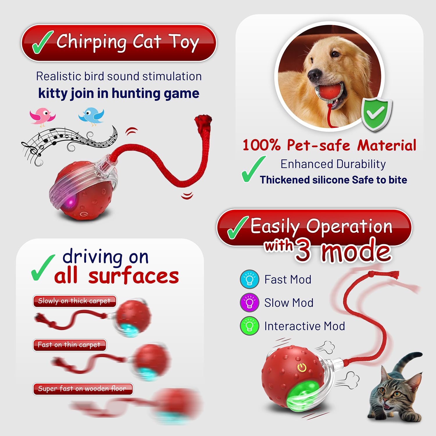 Interactive Cat Toys for Indoor Cats, 360° Smart Automatic Rolling Pet Ball, Rollie Pet Cat Toy, Electric Rolling Ball Dog Toy, Moving Cat Ball with Mesh Tail, Interactive Dog Toys for Small Dogs-Red