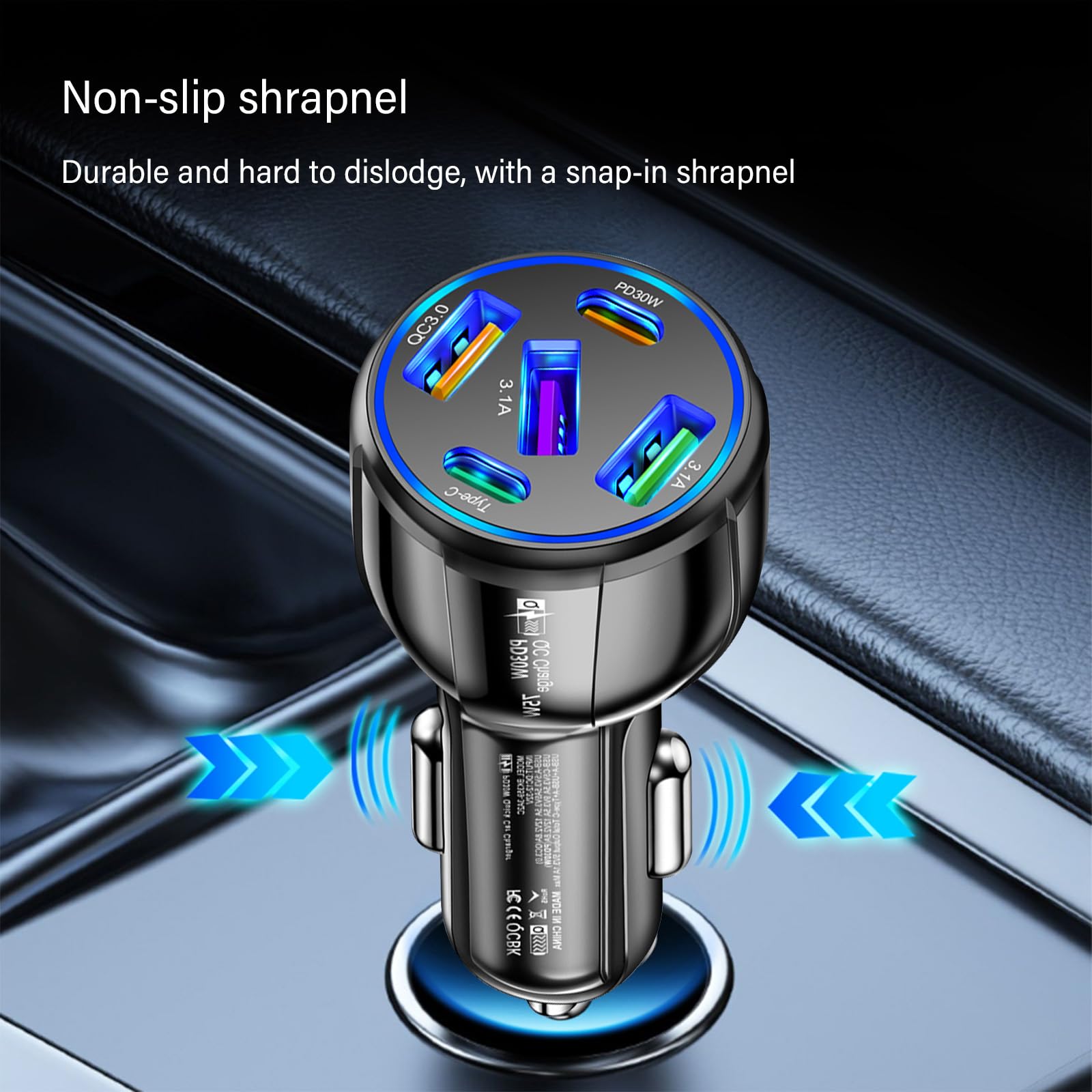 Verbessertes Kfz-Ladegerät USB C mit 5 Ports, 75 W Zigarettenanzünder-Adapter mit Typ-C und QC 3.0 ultraschnellem Ladeanschluss, universeller Kfz-Ladeadapter für Navigator, Dashcam (schwarz)