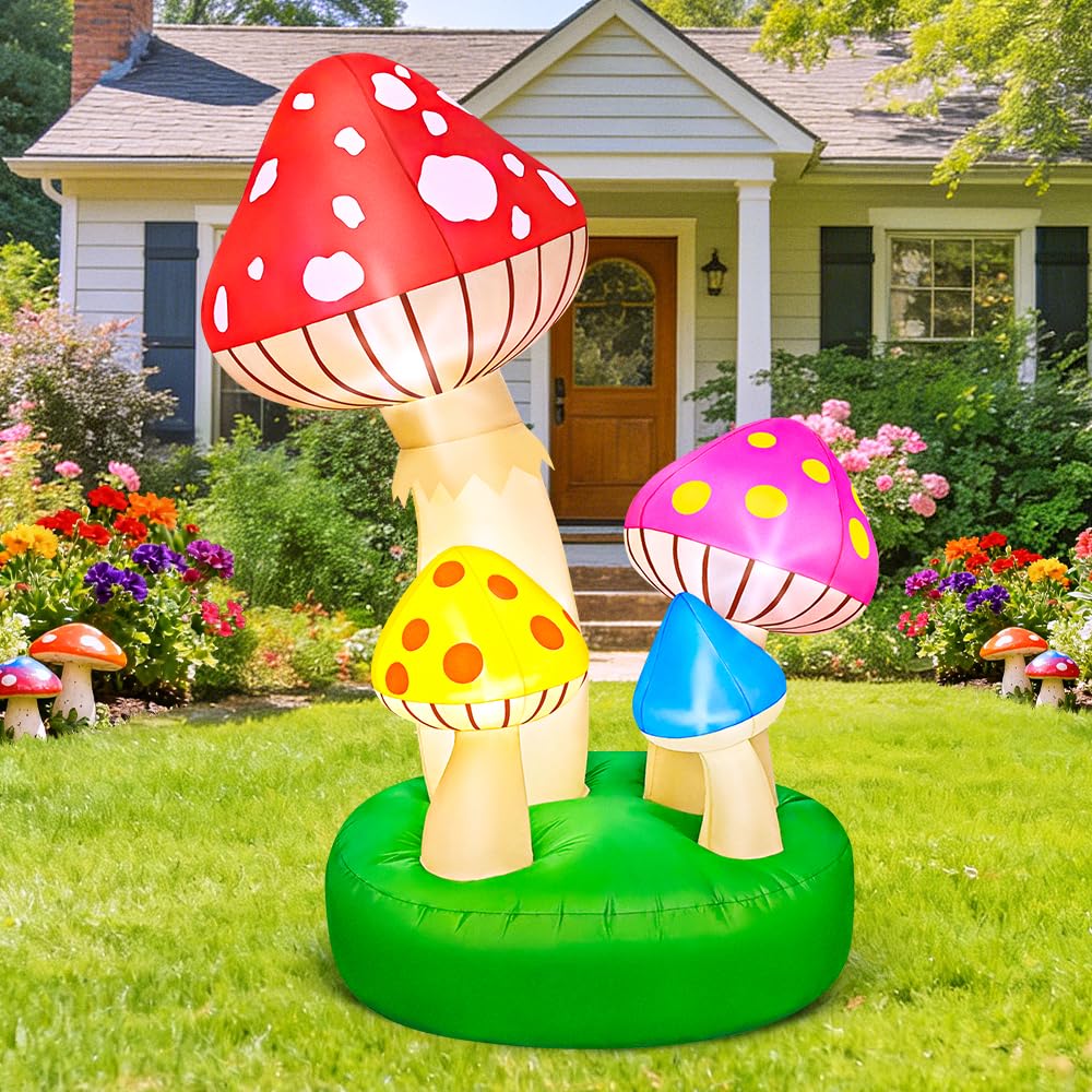 KOOY 5FT Spring Inflatable Mushroom Outdoor Decoration, Multi-Colored Blow up Mushroom Decor Built-in LED Lights for Spring Summer Easter Yard Garden Lawn Party