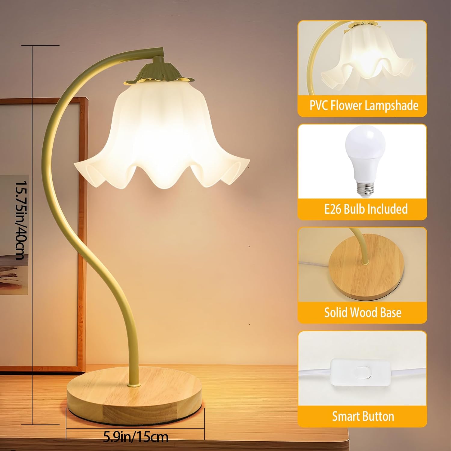 Flower Table Lamp,LED Reading Light Vintage Desk Lamp with 3 Colors Temp, Cute Bedside Lamp for Bedroom Living Room Home Decor, LED Bulb Included