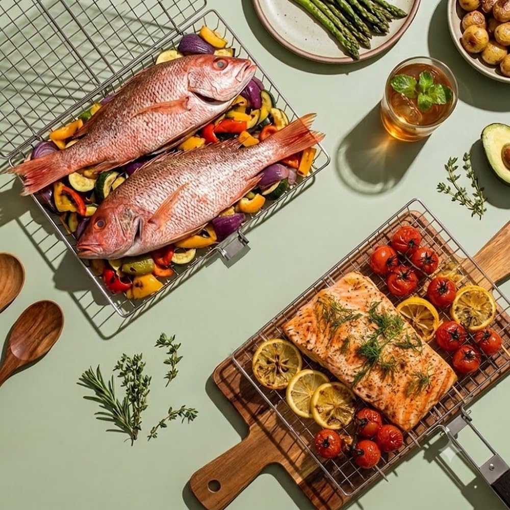 2 cestelli per barbecue, grandi e pieghevoli, in acciaio inox, con manico | Cestino per barbecue per verdure, portatile, con manico rimovibile, di alta qualità, per carne, pesce, verdure, ecc