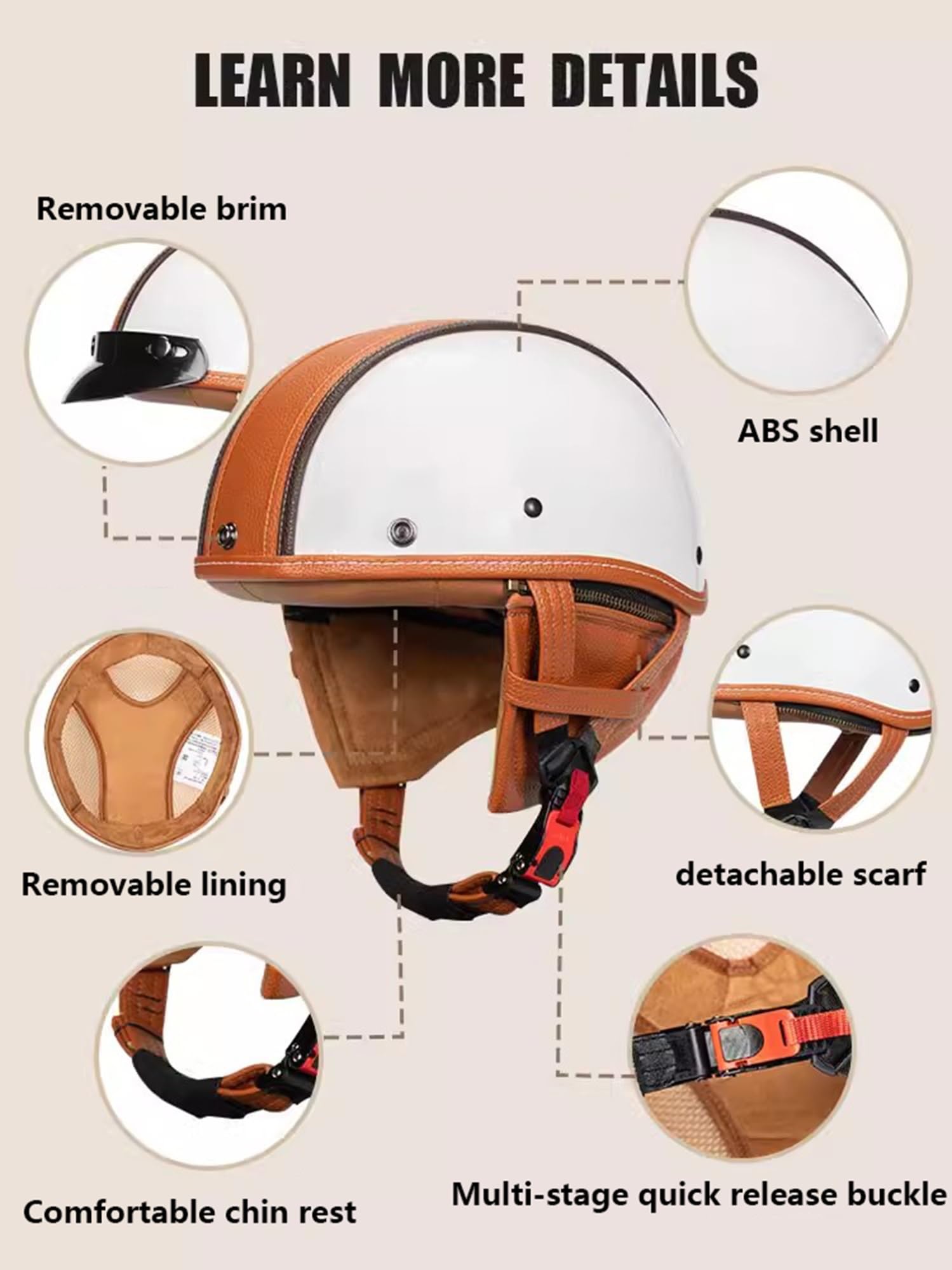 Retro Casque Demi Jet Cuir Casque Jet Vintage, Casque Moto Scooter, Casque Bol Homologué ECEDOT Casque De Protection for Hommes Et Femmes, Casque De Cyclomoteur avec Lunettes(1,M=57~58cm)
