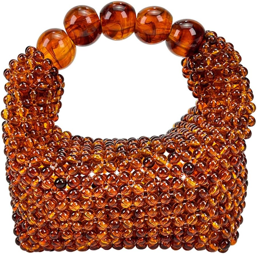 Women Beaded Mini Tote Bag Round Bead Handle Evening Party Handbag