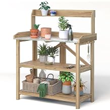 ARNOT Potting Bench, Enhanced 3-Shelf Potting Benches for Outdoors, Wooden Garden Potting Bench Tables W/Metal Tabletop & Cabinet Drawer, 3 Hooks