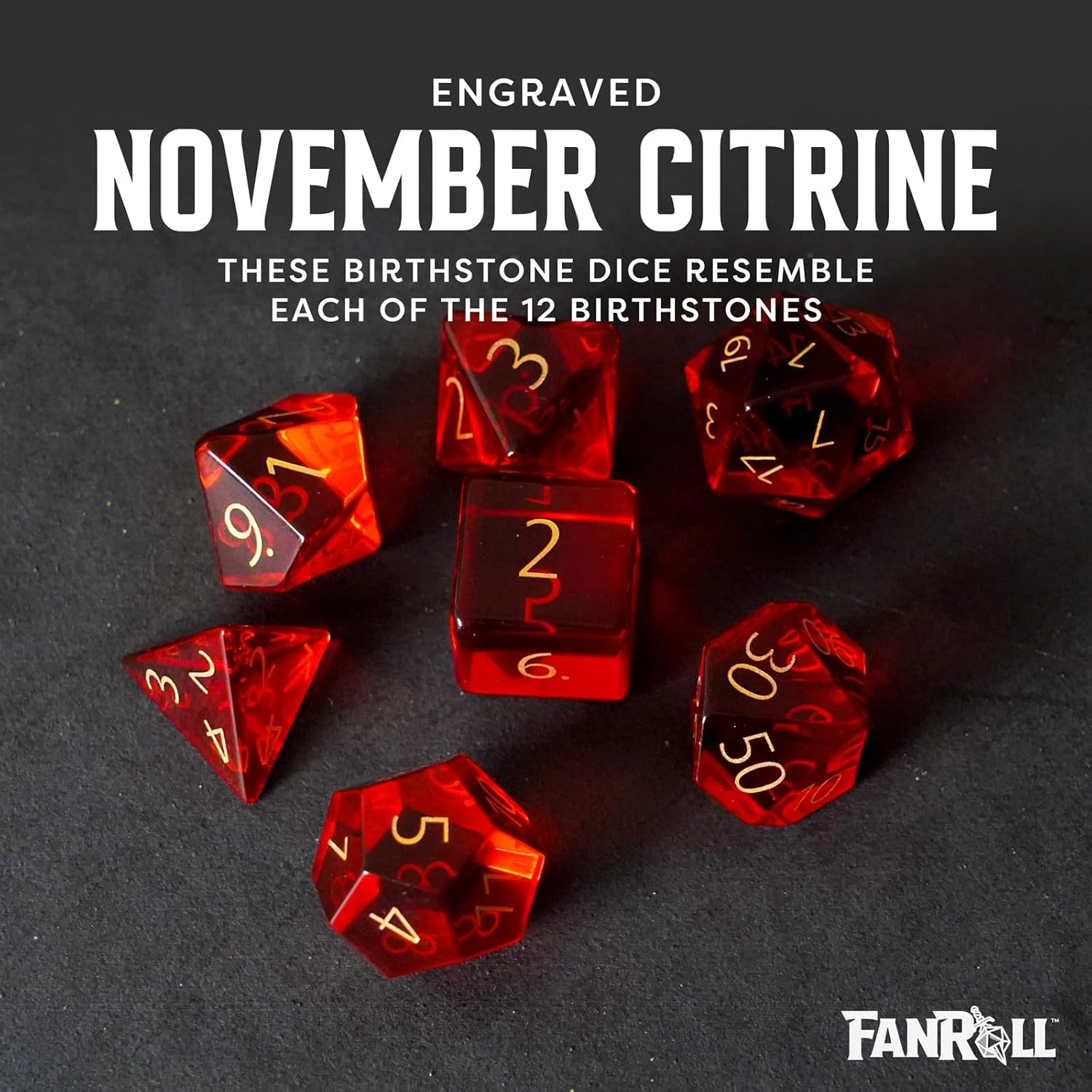 FanRoll 16mm Birthstone Stone Poly DND Dice Set: Engraved November Citrine, Role Playing Game Dice for Dungeons and Dragons