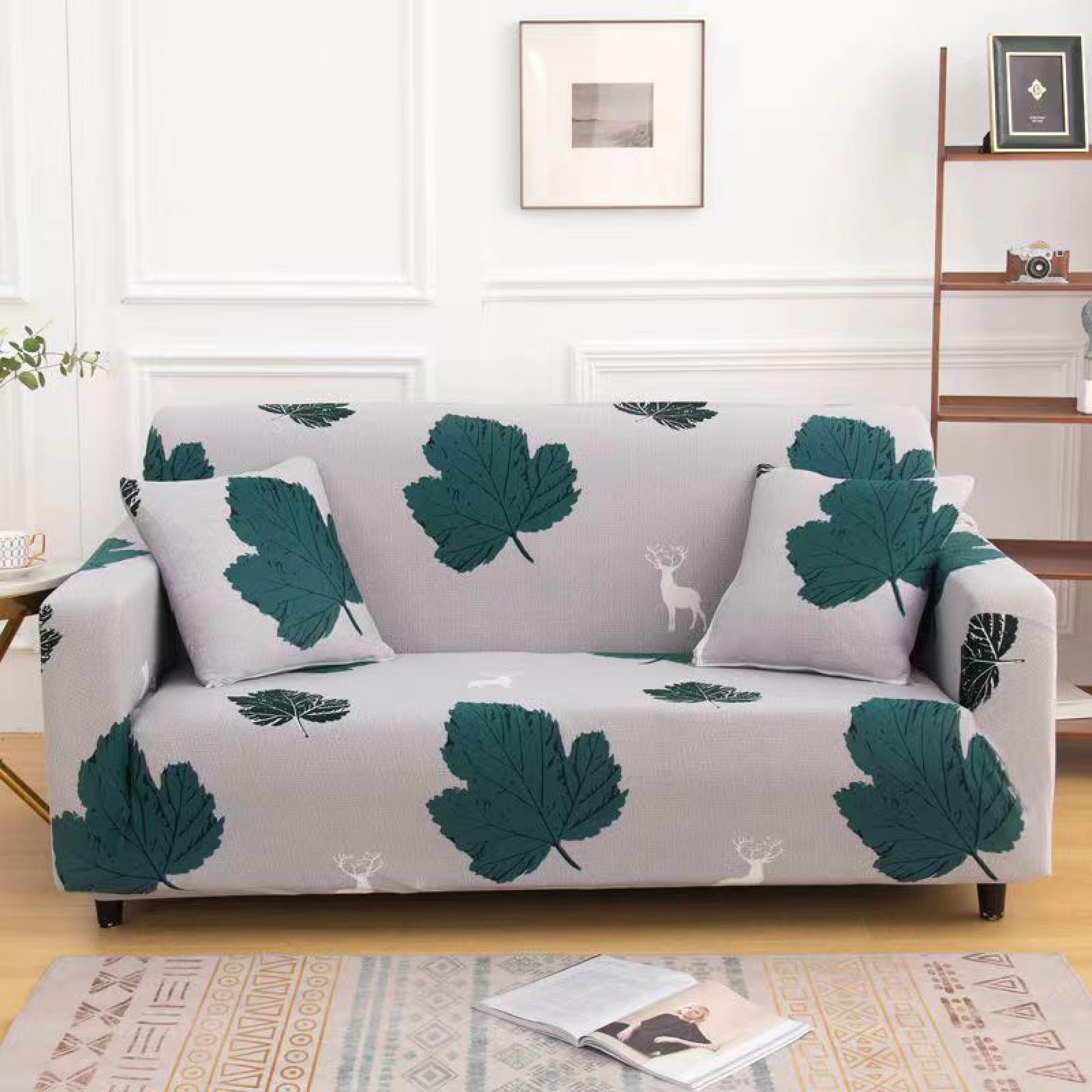 2 Seater Sofa Cover Green Leaves Stretch Sofa Covers Spandex Settee Covers 2 Seater Washable Sofa Protectors from Pets Non Slip Covers for Sofas All Seasons Couch Cover with Elastic Strap