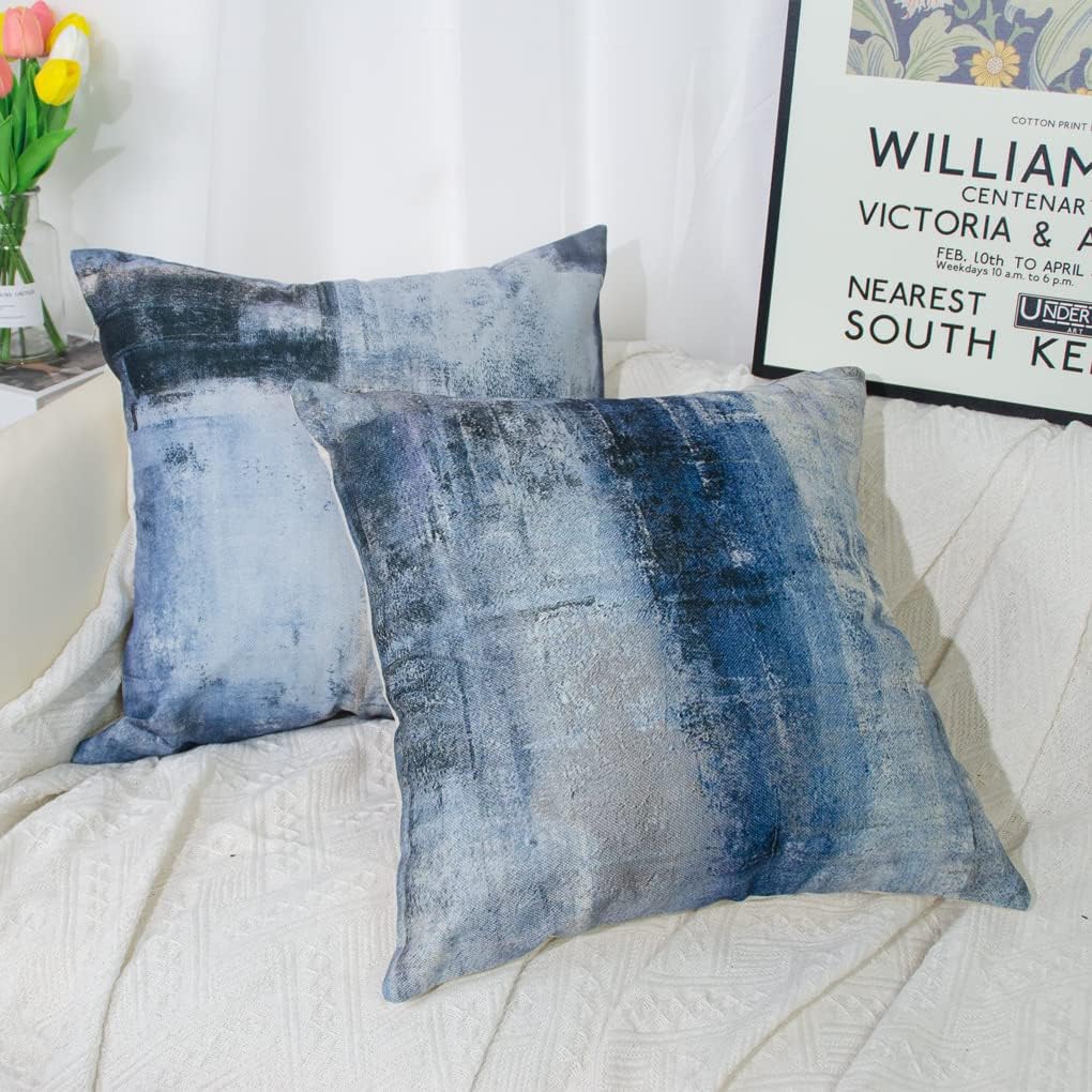 Blue Grey Cushion Covers 50 x 50 cm Set of 4 Decorative Cushions Modern Sofa Cushion Linen Cushion Cover Abstract Painting Decorative Cushion Aesthetic Couch Cushion Cuddly Cushion for Sofa Living