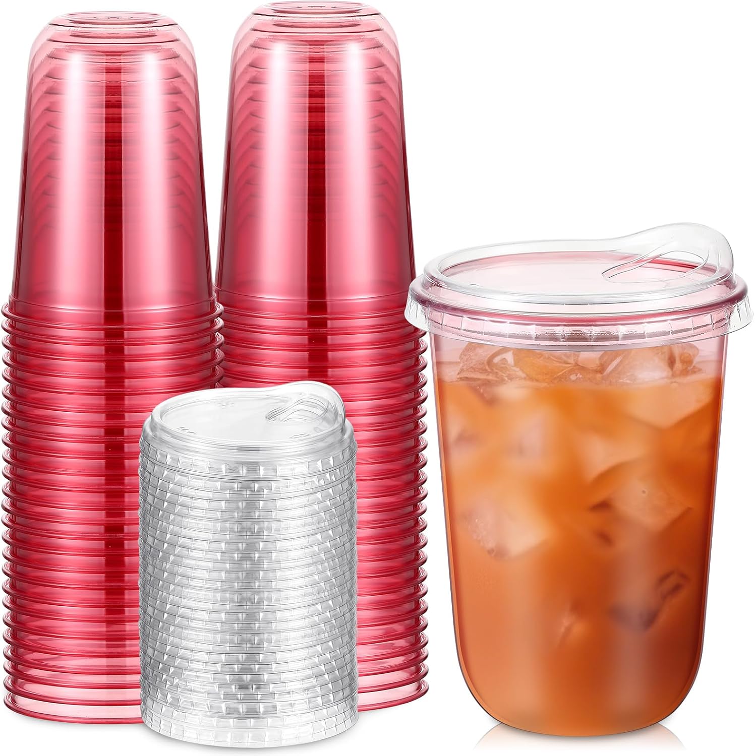 Baderke 50 Pcs Round Bottom Plastic Cups with Sip Lids Clear Disposable Iced Coffee Cups for Smoothie Cold Beverage Coffee Shops and Party Catering(16 oz,Pink)