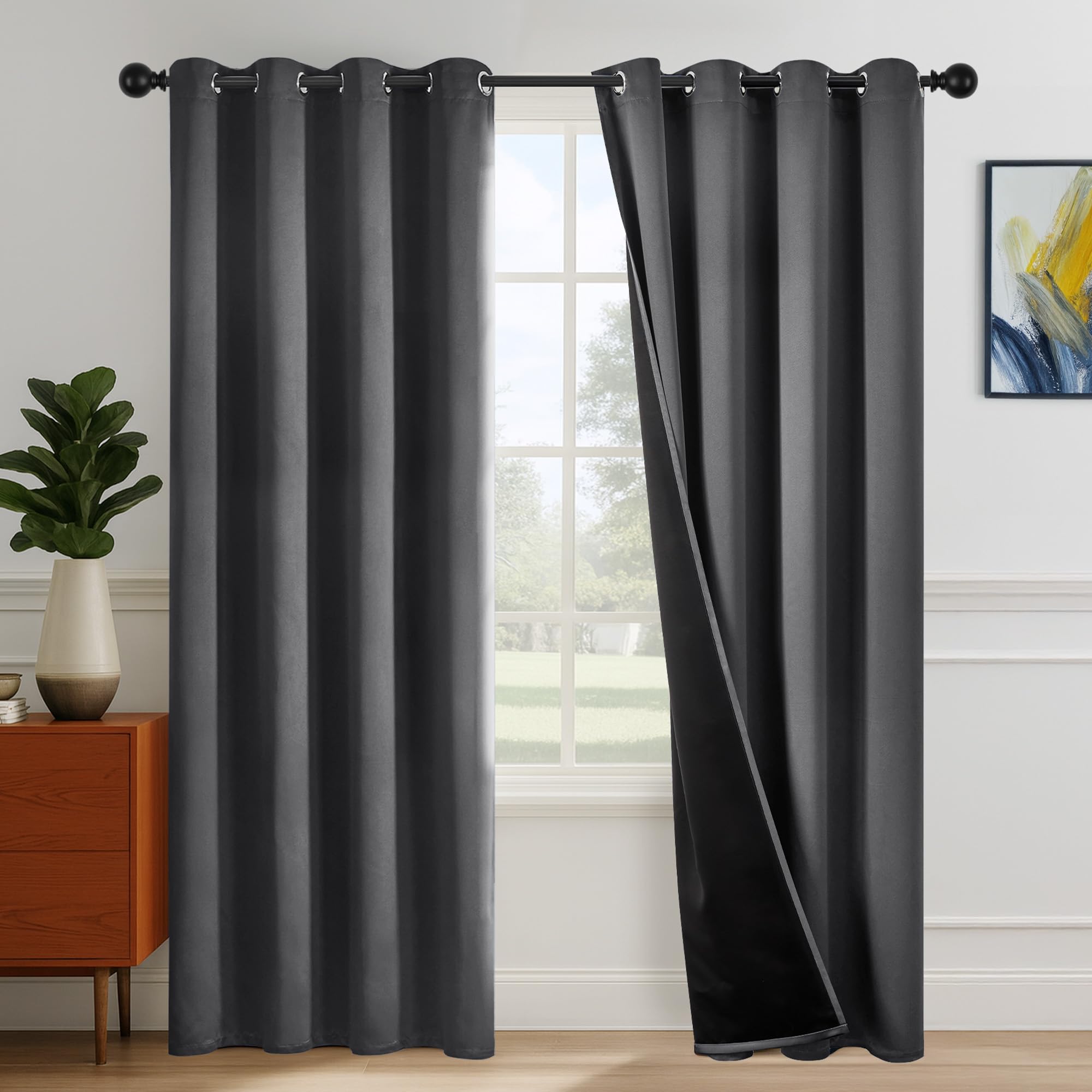Deconovo Rideaux 100% Occultants Thermiques + 140x214cm Gris Foncé Lot de 2 + Isolants Phoniques Œillets OEKO-TEX