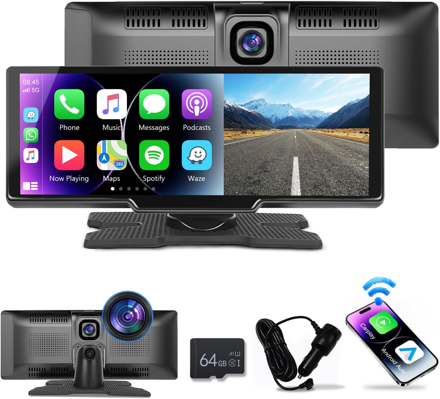 Portable Wireless Apple Carplay Car Stereo, 9.3 HD IPS Touchscreen Car Radio Support Bluetooth/Maps Navigation/Wireless Android Auto/AUX/TF,Built in Front View Camera,Loop Recording
