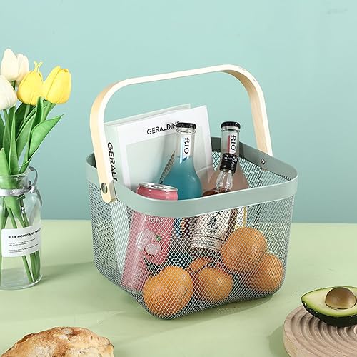 Miniatura 3 de Metal Mesh Steel Basket, Storage Organizer Basket Multi-functional Hanging Kitchen Basket Fruit Basket Bin with Bamboo Handle, 9.84 x 10.2 x 7 inch