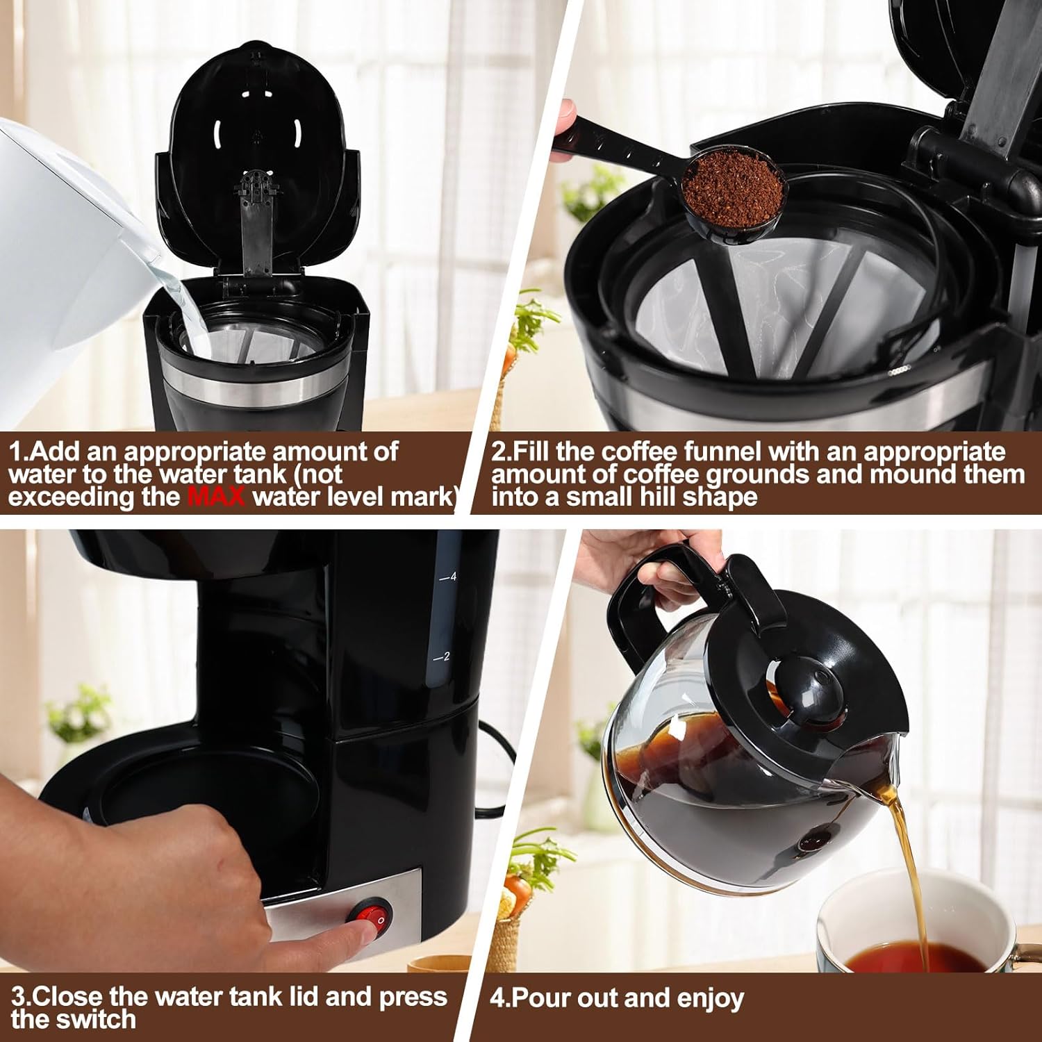 10 Cup Drip Coffee Maker One-Touch Anti-Drip Coffee Machine with Reusable Filter Carafe Auto Keep Warm Plate Spoon Coffee Pot Suitable for Home Use 110V