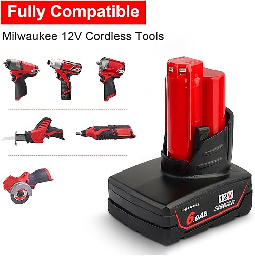 Miniatura 5 de Xinriga 2 Packs M12 12V 6Ah 6000mAh Lithium-ion Replacement Battery for Milwaukee M12 12V Cordless Tool 48-11-2402 48-11-2440 48-11-2411 48-11-2420