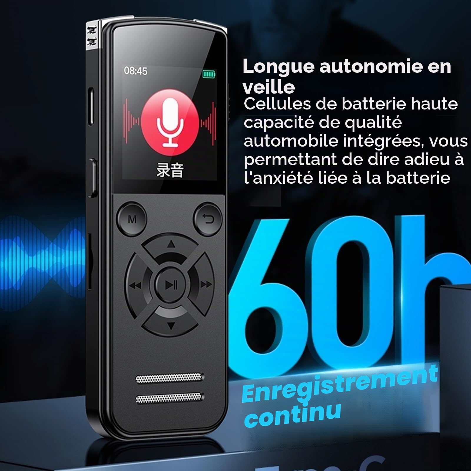 Dictaphone numérique 64 Go - Enregistreur vocal avec lecture - Enregistreur vocal portable USB-C - Mini enregistreur vocal numérique - Pour travail, étude, réunion, interviews