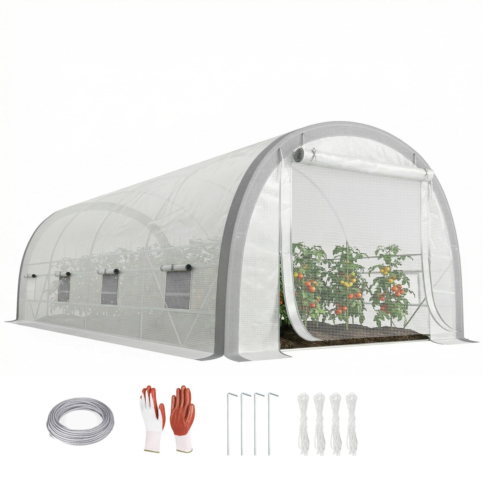 Outsunny 6 x 3(m) Walk-in Polytunnel Greenhouse with Upgraded Structure, Zipped Roll Up Mesh Door, 8 Mesh Windows, Tunnel Warm House Tent with PE Cover, 15 Plant Labels and Gloves, White
