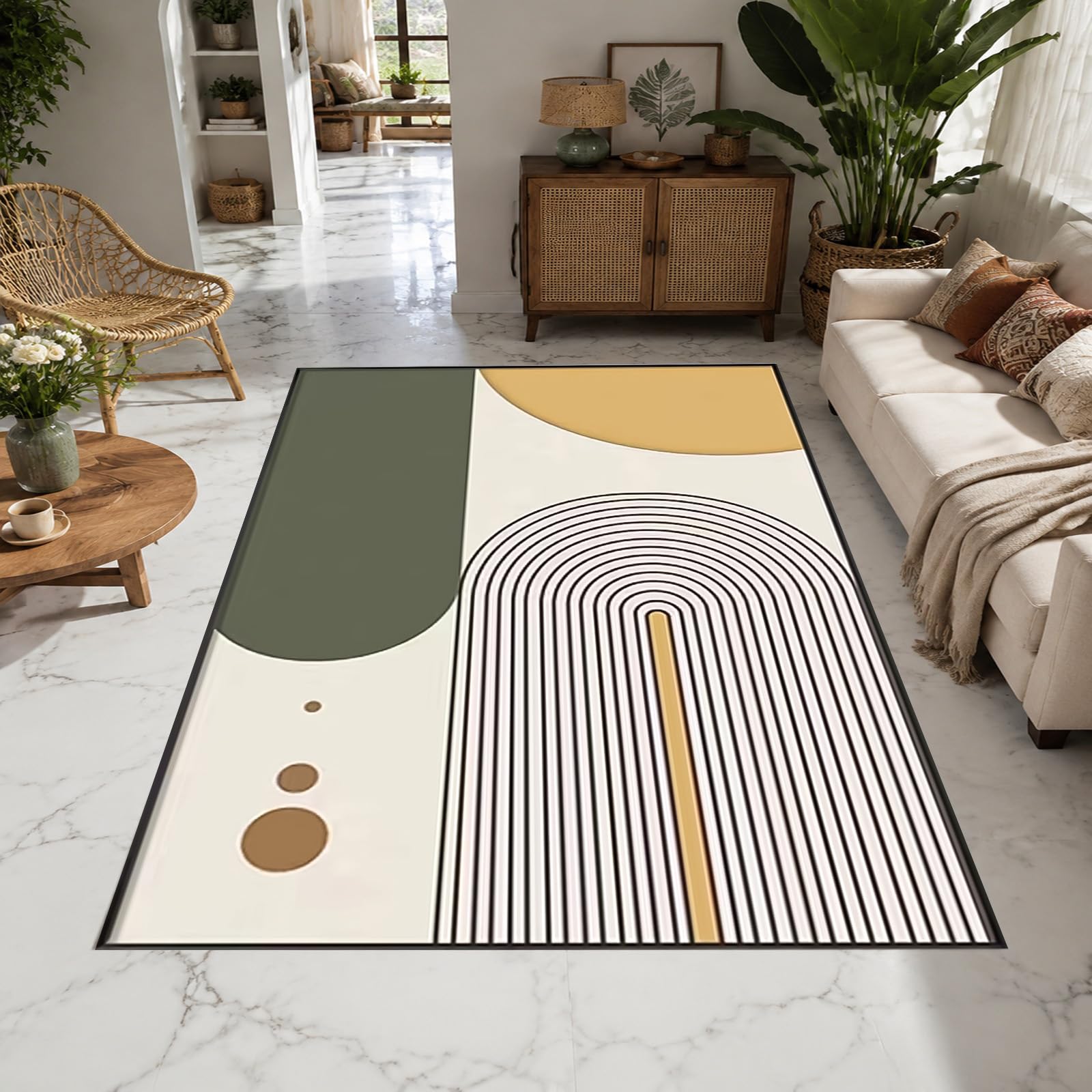 Tapis poils courts salon chambre bureau couloir cuisine motif moderne vert beige 120x180