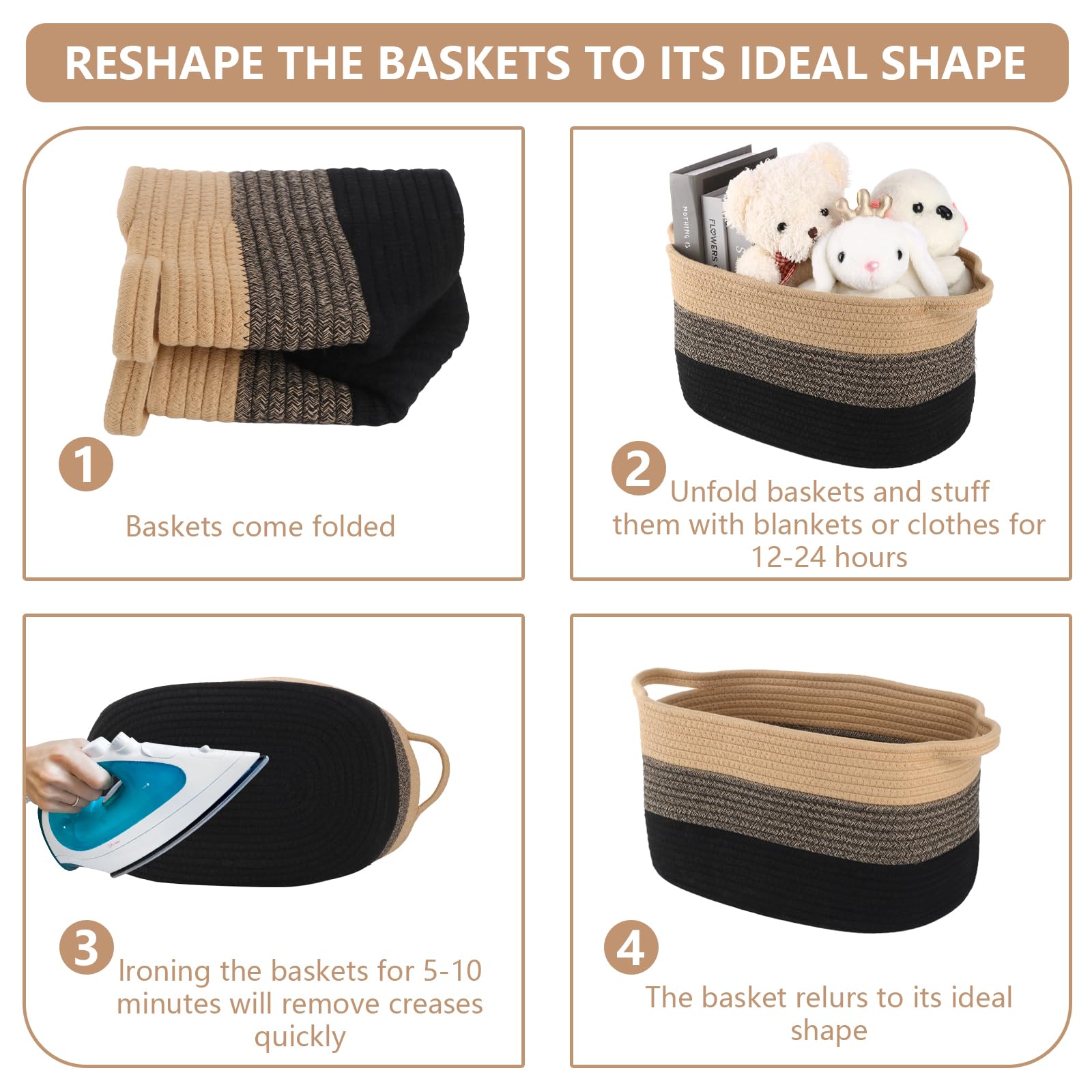 Lot de 3 paniers de rangement tressés en coton - Petits paniers tissés pour salle de bain - Panier décoratif (Brun noir)