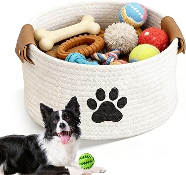 Dog Toy Basket, Dog Toy Box 34 X 24 X 21cm Large Pet Toys Storage Boxes Puppy Blanket Basket with Handle Personalised Cotton Rope Organizer Baskets for Living Room Laundry Bedroom