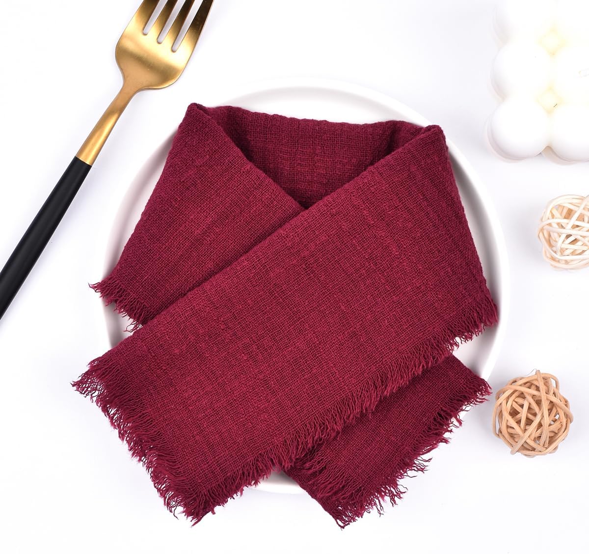 Joanlody 10 Pack Burgundy Handmade Cloth Napkins with Fringe Spring Easter Cotton Linen Napkins Rustic Bulk Dinner Napkins for Wedding Party Baby Shower Table Decor