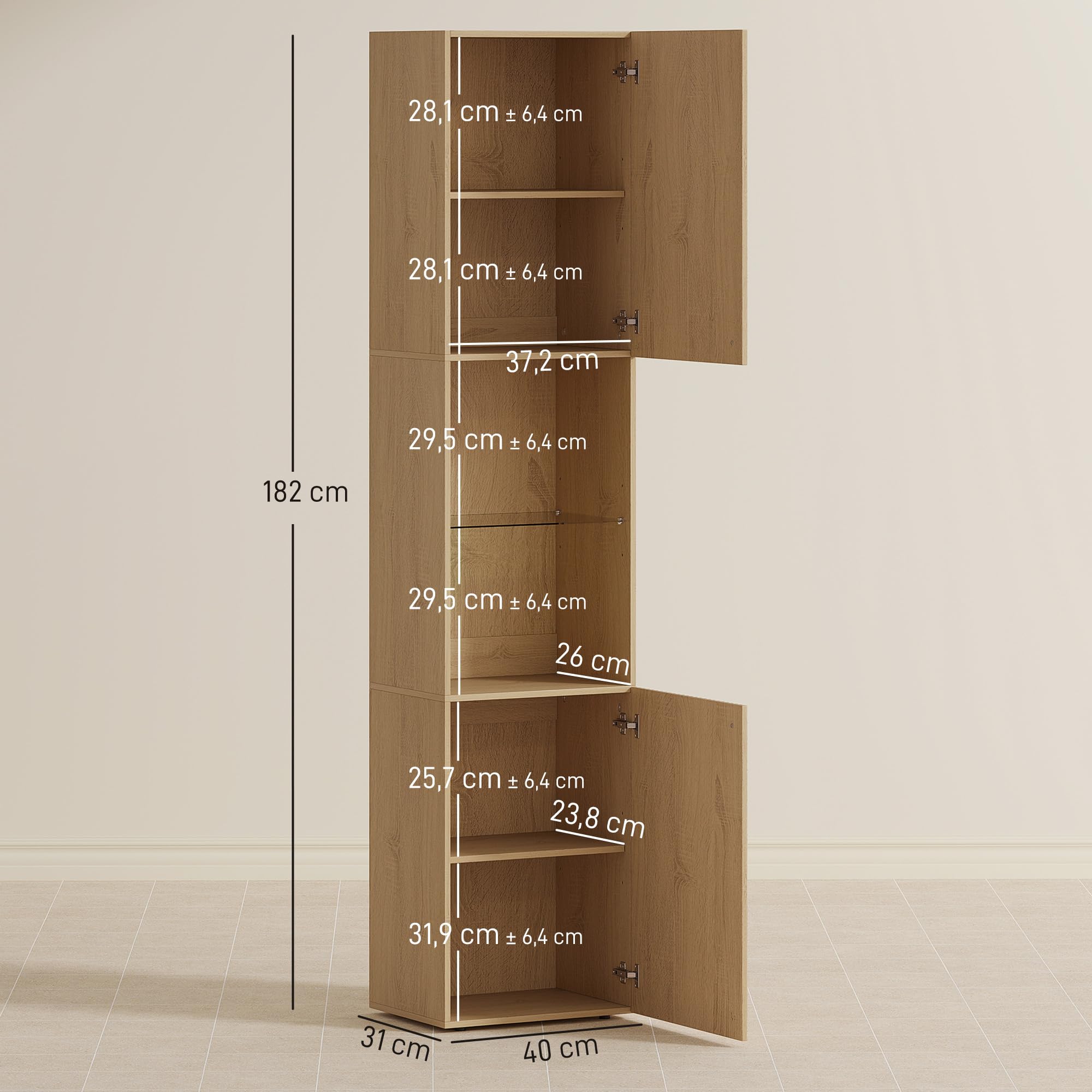 HOMCOM Meuble Colonne Salle de Bain, Meuble de Rangement étroit 6 Niveaux, 2 Portes, Compartiments Ouverts, étagère Verre trempé, étagères réglables, pour Toilette, Petits espaces, 40x31x182cm, chêne