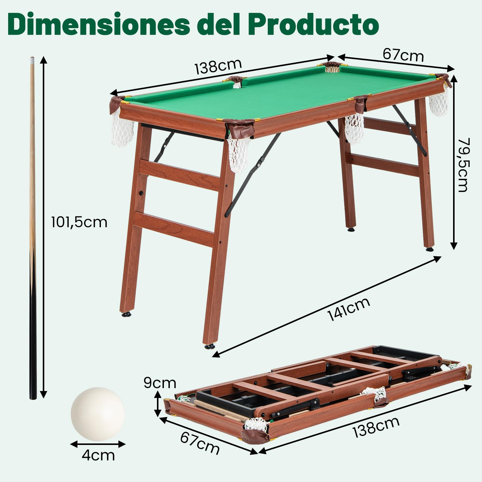 COSTWAY Mesa de Billar Plegable Portátil con 16 Bolas,138 x 67 x 79,5 cm, Niveladores de Pies Ajustables, Esquinas Protegidas de Cuero, 2 Tacos, 2 Tizas, Triángulo, Cepillo，Mini Mesa de Billar