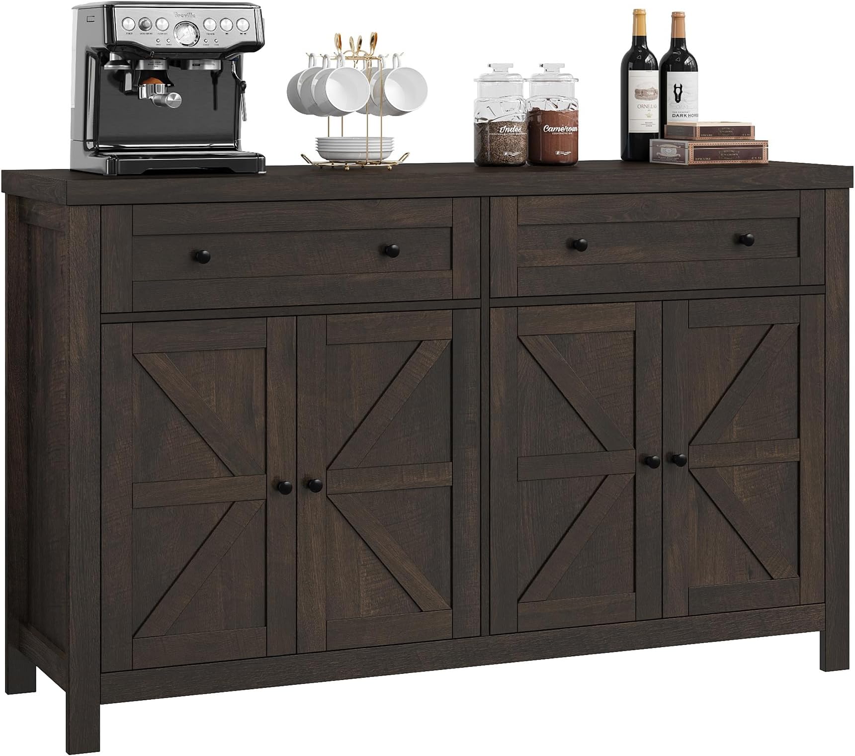 HOSTACK 55" Buffet Sideboard Cabinet with Storage, Modern Farmhouse Coffee Bar Cabinet with Drawers and Shelves, Barn Doors Storage Cabinet for Kitchen, Living Room, Dark Brown