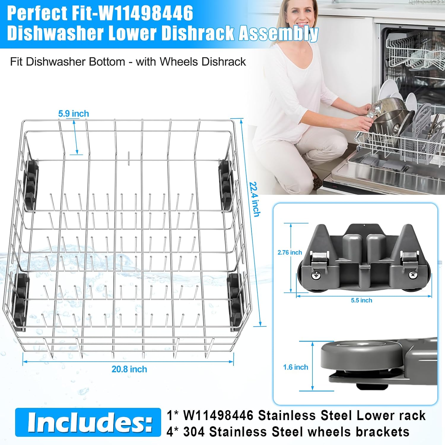 UPGRADED W11498446 Dishwasher Lower Rack for Whirlpool Dishwasher Rack Parts Stainless Steel W10554948 W10713334 W11023966 Kenmore Kitchenaid Dishwasher Rack Replacement W11224324 8561733 With Wheels