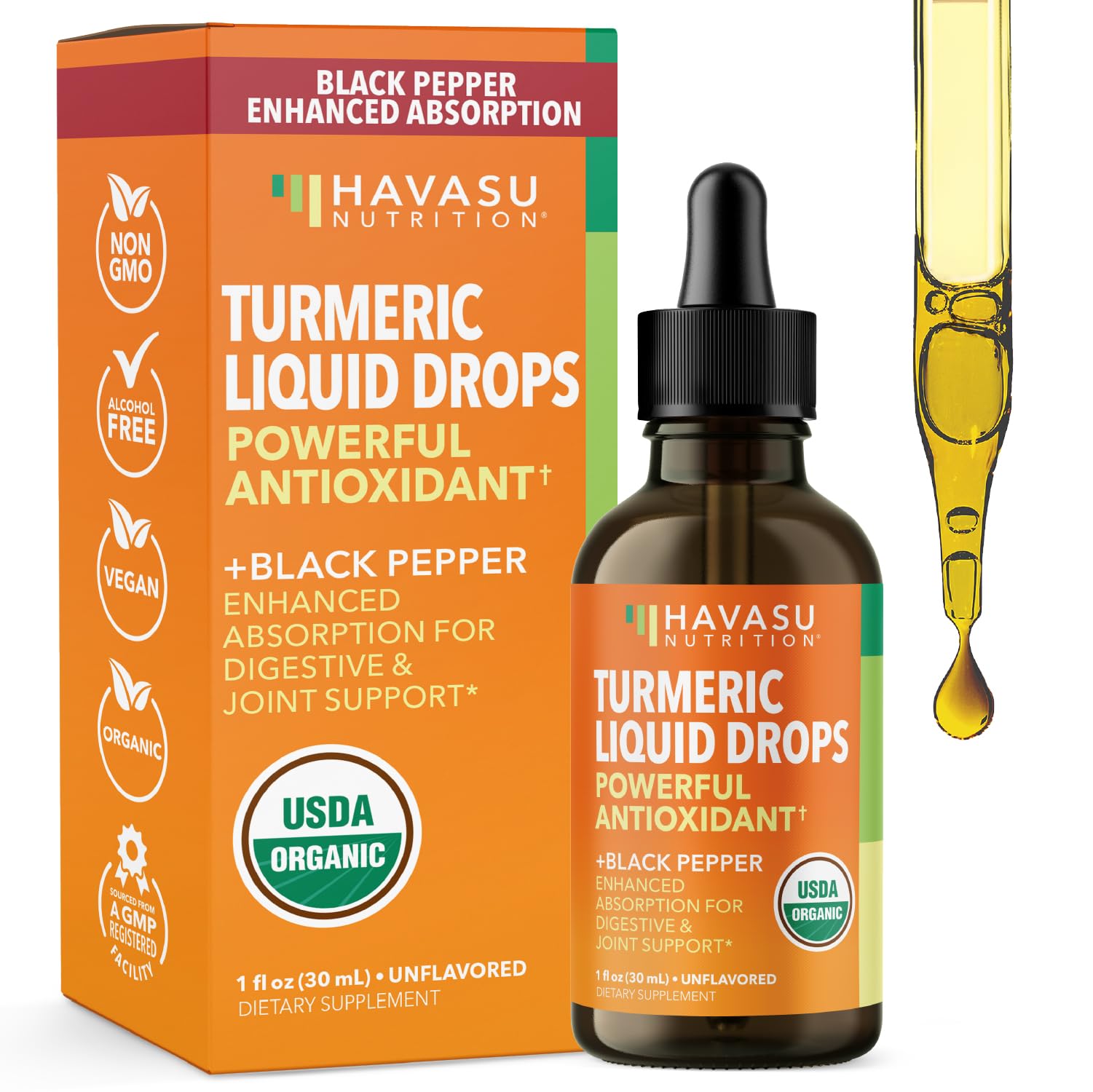 USDA Organic Turmeric Liquid Drops with Black Pepper - 1000mg Curcumin Supplement for Immune & Digestive Health - 30 Servings - Enhanced Absorption - Non-GMO, Vegan, Gluten Free - Unflavored, 1 Fl Oz