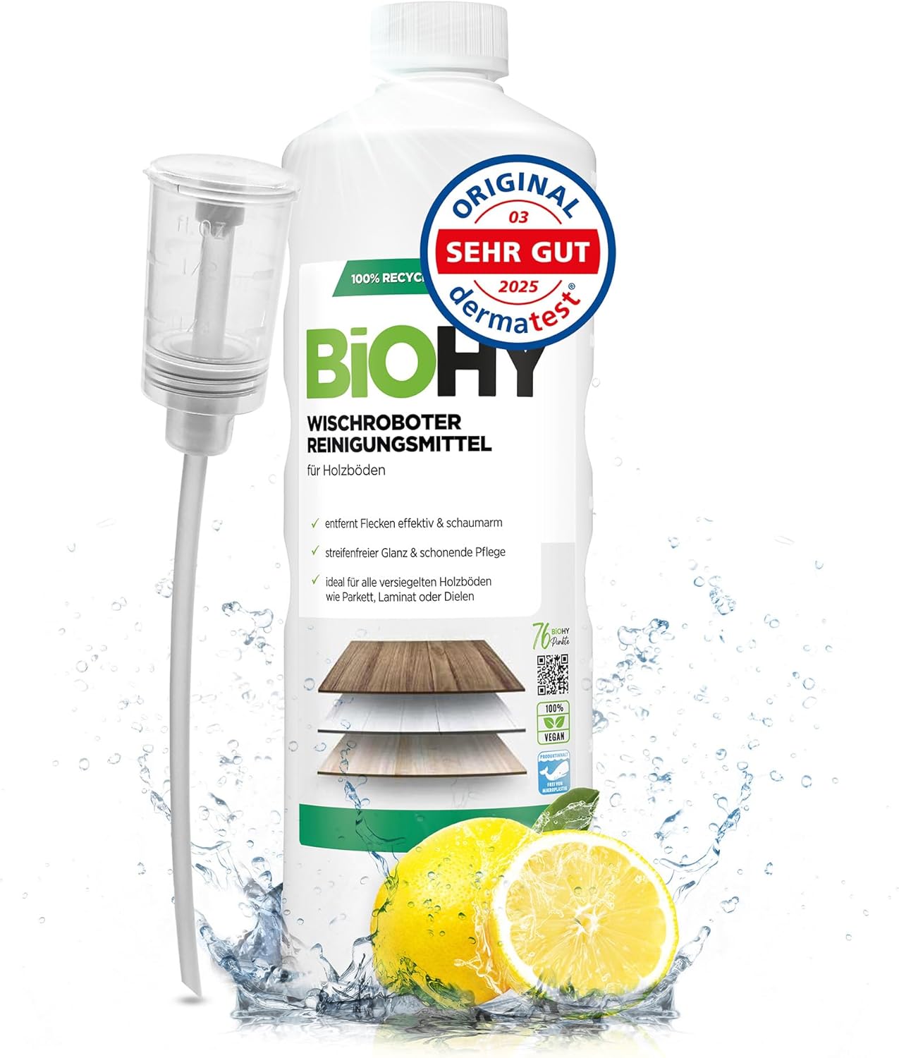 BiOHY Wiping robot cleaning agent (1l Bottle) + Dispenser | Floor cleaner for wooden floors | parquet & laminate | economical concentrate with fresh fragrance (Wischroboter Holz)