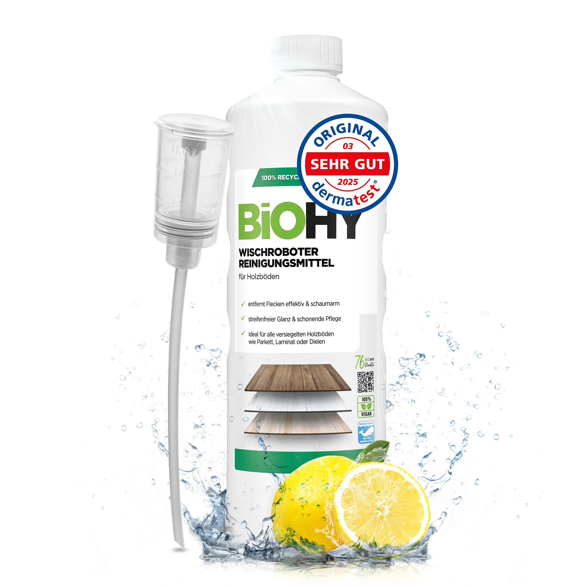 BiOHY Wischroboter Reinigungsmittel für Holzböden (1l Flasche) + Dosierer | Bodenreiniger Konzentrat | Laminat & Parkettpflege | Bodenreiniger Mittel mit streifenfreiem Glanz | Schaumarm
