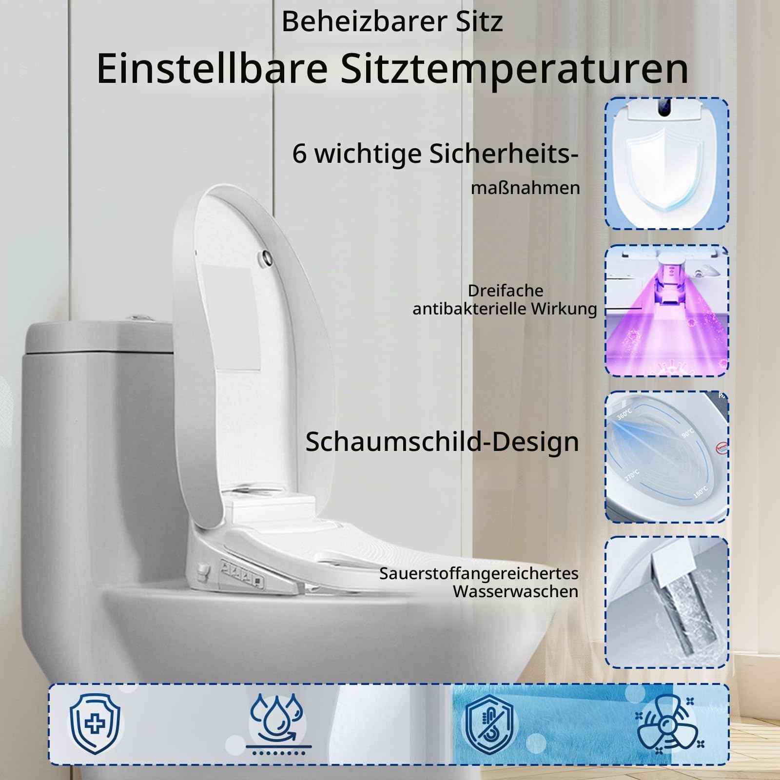 Smart Beheizter Toilettensitz mit Düse, Japanische WC Bidet mit Warmwasser & Trockner, UV-Desinfektion | 4 Reinigungsmodi, Einstellbarer Wasserdruck mit selbstreinigenden Düsen & Nachtlicht