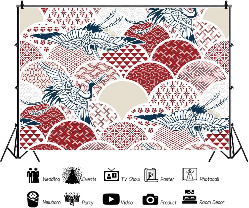 Qinunipoto 背景布 写真 写真撮影用 写真の背景 背景 鶴鳥 伝統的な着物柄 スケッチイラストラインアート オリエンタルデザイン 誕生日パーティー写真背景 スタジオのプロ背景幕 商品 人物 ビニール 1 5x1m 感謝の声続々