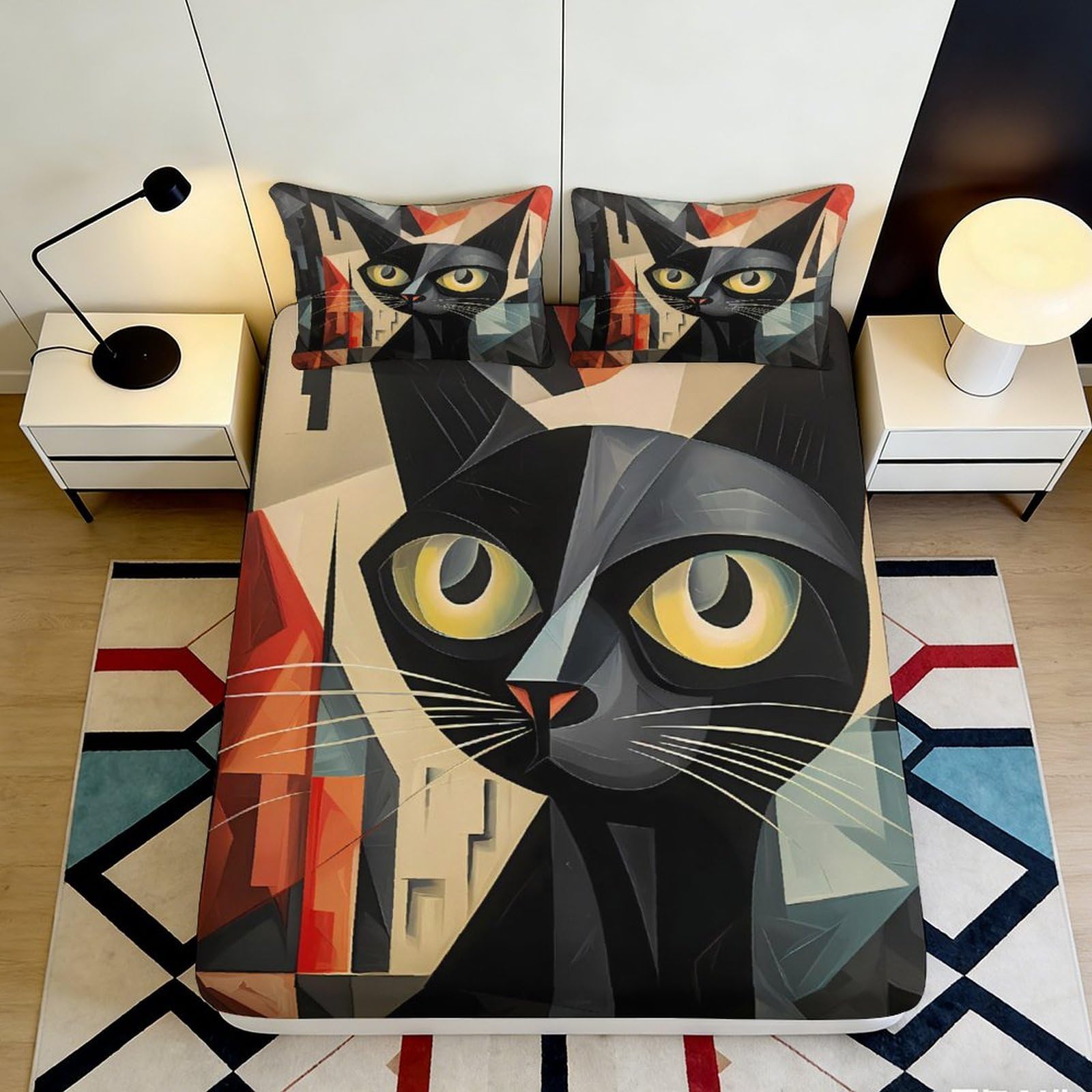 Uynsixtme Style-2 3D Printed Geometric Cat Fitted Sheet Microfiber Deep Pocket Non-Slip Bedroom Bedding Geometric Cat Mattress Fitted Cover 200X200x25cm