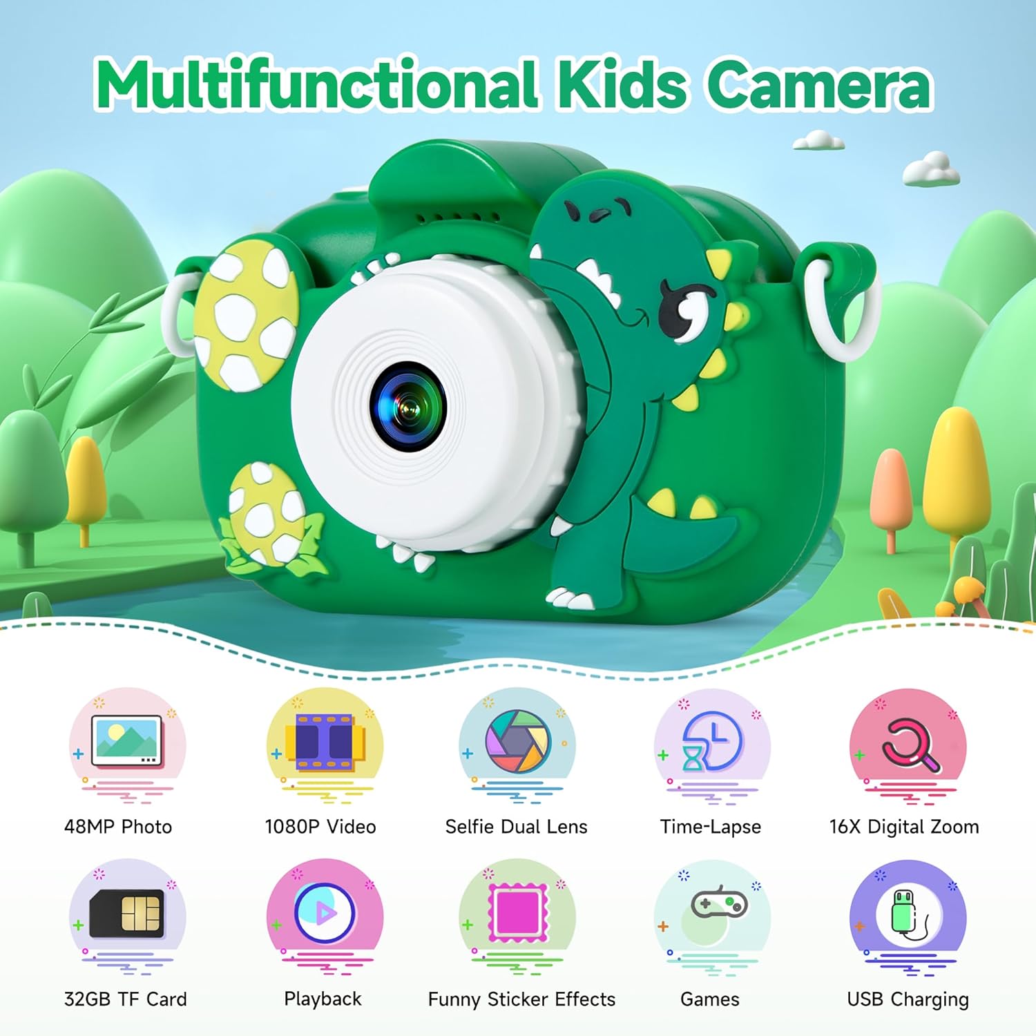 Kids Camera Boys Toys for 3 4 5 6 7 8 9 Years Old Boys, 48MP Dual Lens Kids Digital Camera Christmas Birthday Gifts, 1080P HD Video Selfie Toddler Camera with 32G SD Card - Image 2