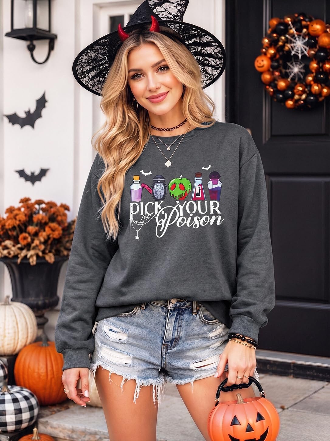 Halloween Sweatshirts for Women Pick Your Poison Top Halloween Trip Clothes