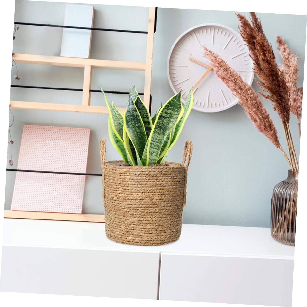 Rattan Basket Flower Pot 25cm Straw Flowerpot Vintage Style for Home Decor