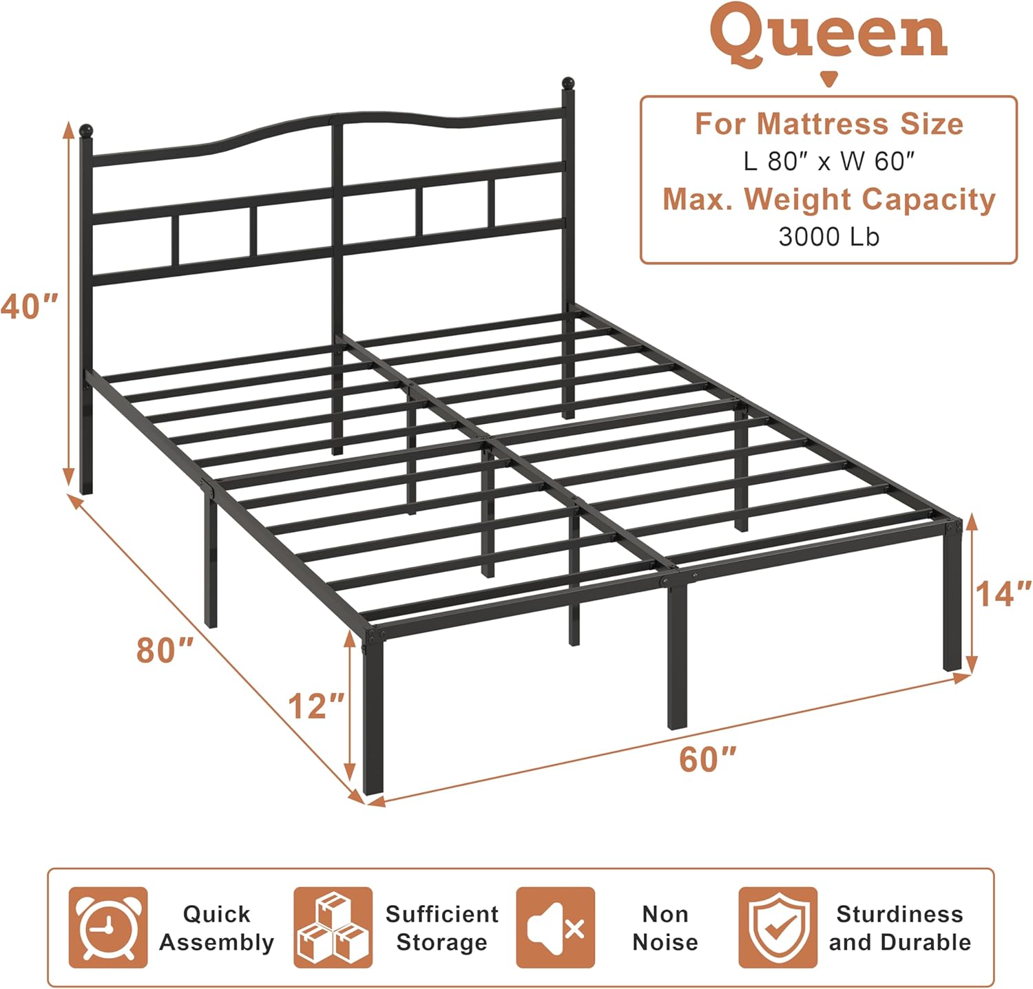 Queen Bed Frame with Headboard - 14 Inch Queen Bed Frame Metal Bed Frame Queen Size No Box Spring Noise Free Easy Assembly