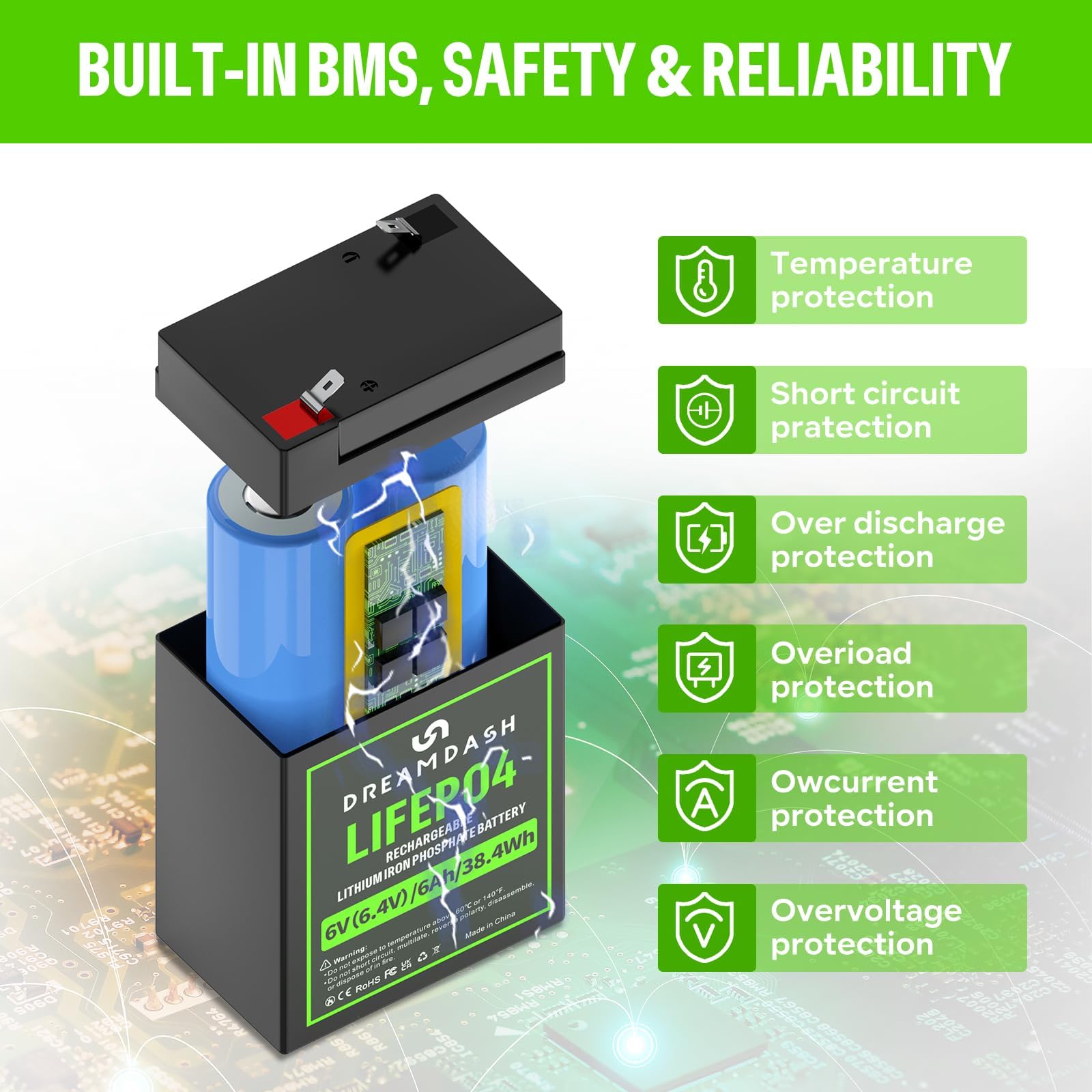 Batería de litio recargable de 6V 6Ah LiFePO4, 3000+ Ciclos Profundos, funciona de -20 ℃ a 60 ℃, IP55 para Casa, Coches de Juguete para Niños, Lanchas a Motor, Camper